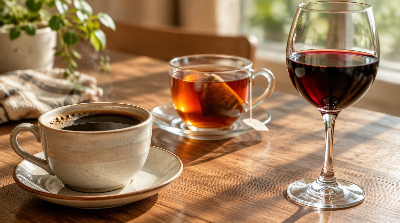 Una taza de café, una taza de té y una copa de vino tinto sobre una mesa, ejemplos de bebidas que pueden teñir los dientes.