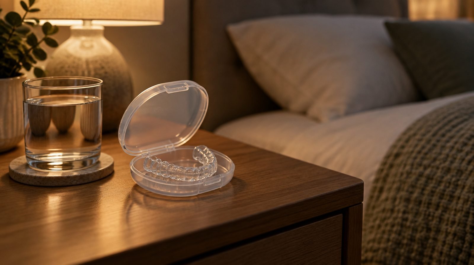 Férula de descarga transparente en su estuche sobre una mesilla de noche, junto a un vaso de agua