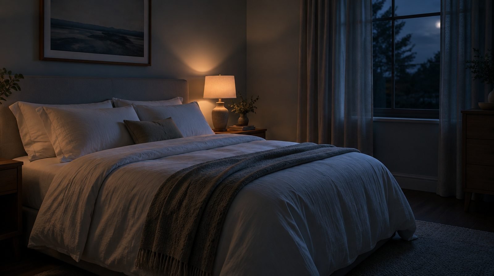 Dormitorio tranquilo de noche con luz tenue y sin personas