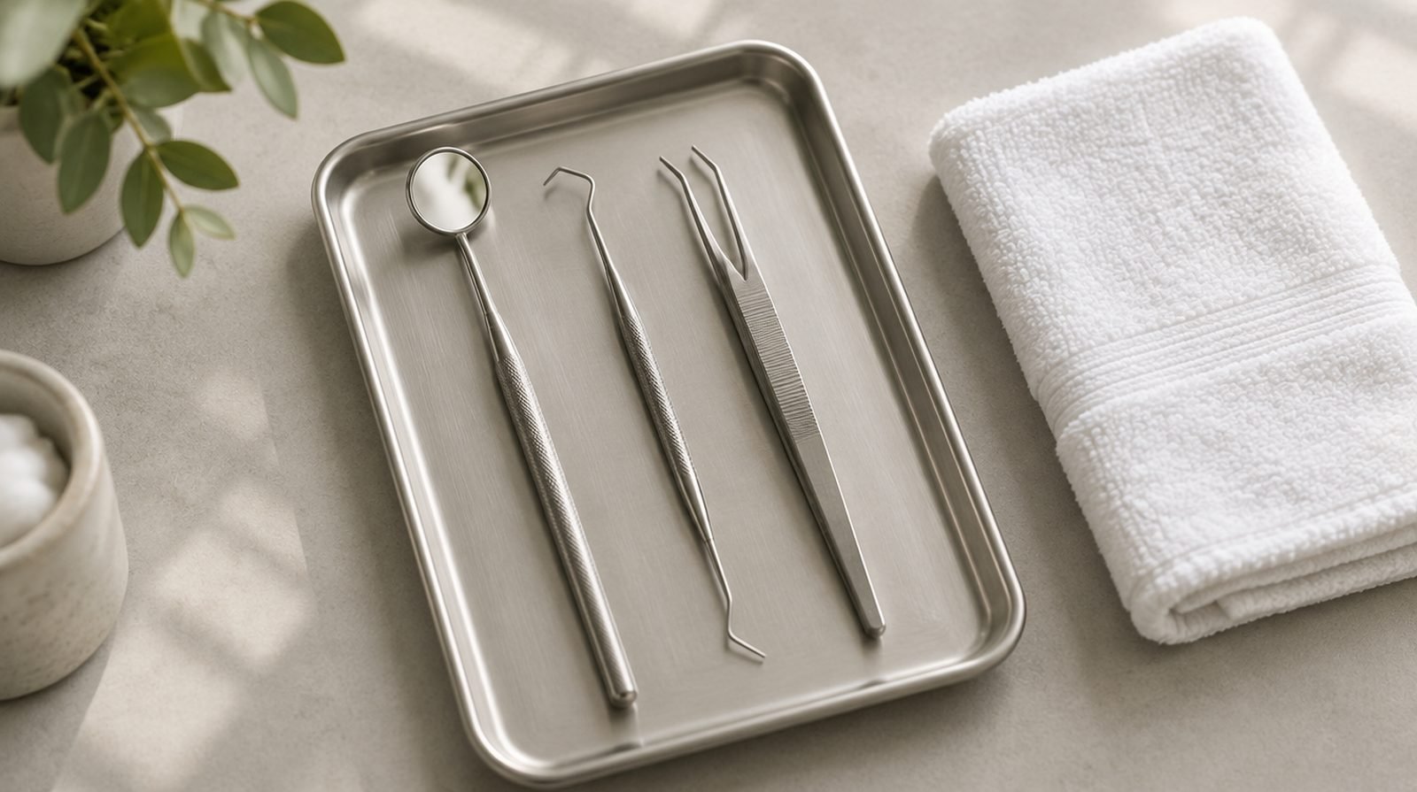 Bandeja ordenada con instrumental básico de revisión dental, entre ellos un espejo y una sonda.