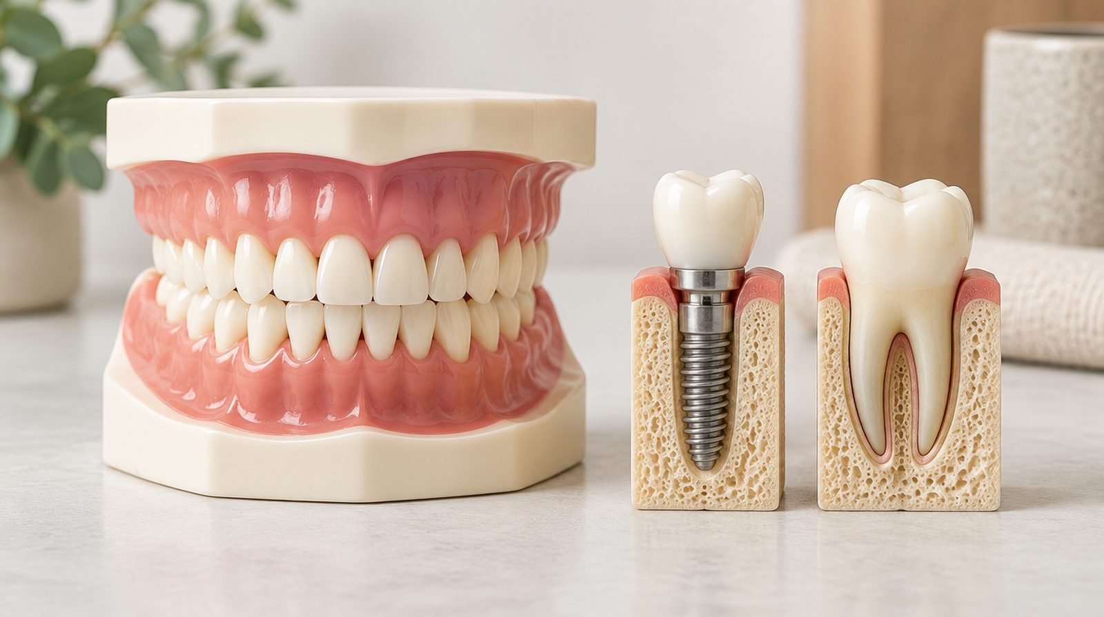 Modelo didáctico de un implante dental colocado junto a un diente de maqueta, para mostrar cómo sustituye la raíz.