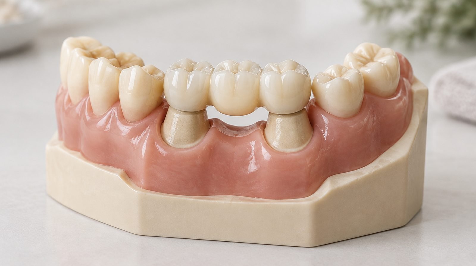 Modelo didáctico de un puente dental sobre dientes de maqueta, con las coronas de los extremos apoyadas en los dientes vecinos.