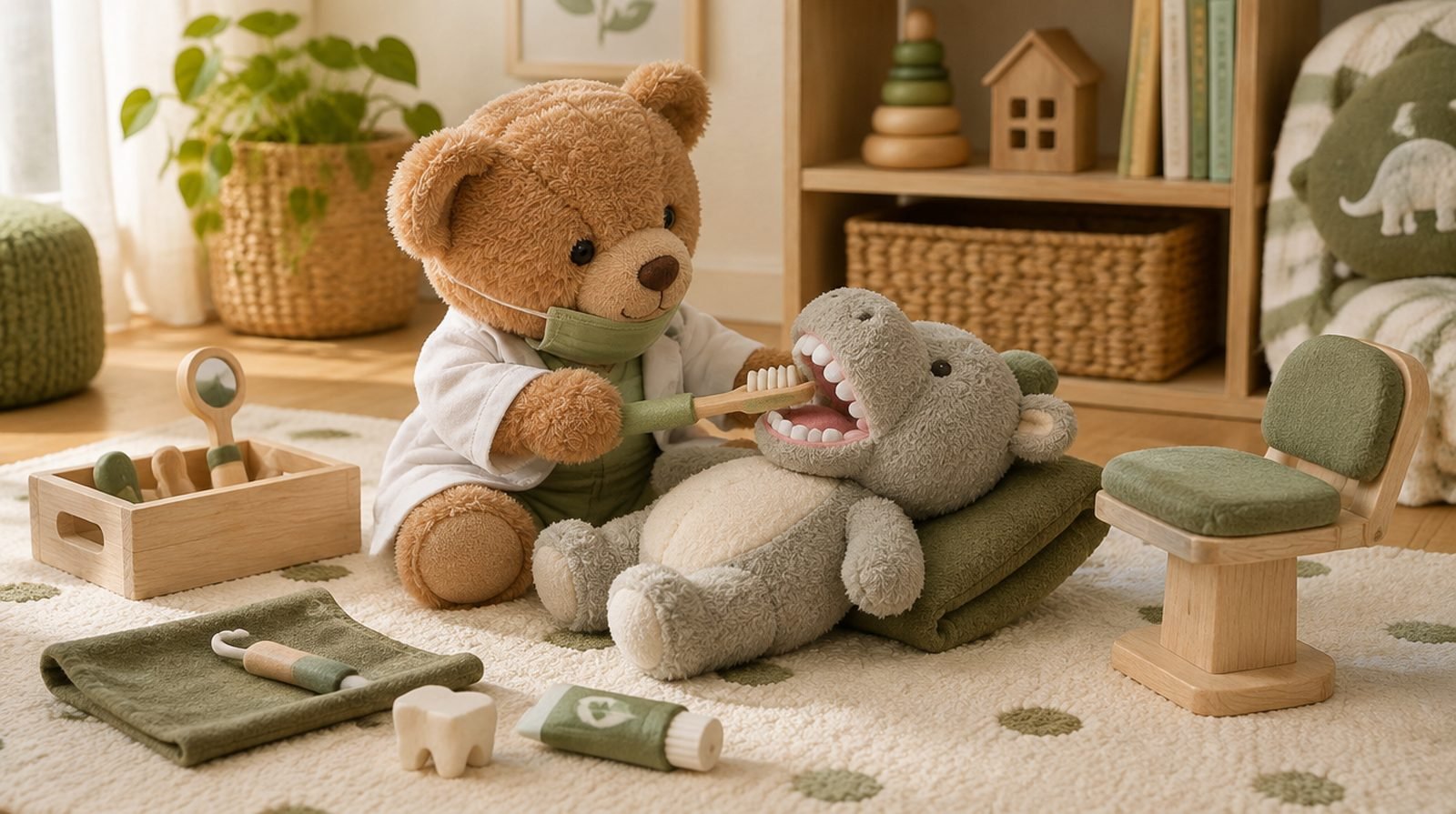 Peluches y juguetes junto a un cepillo de dientes infantil, preparados para jugar a ir al dentista en casa