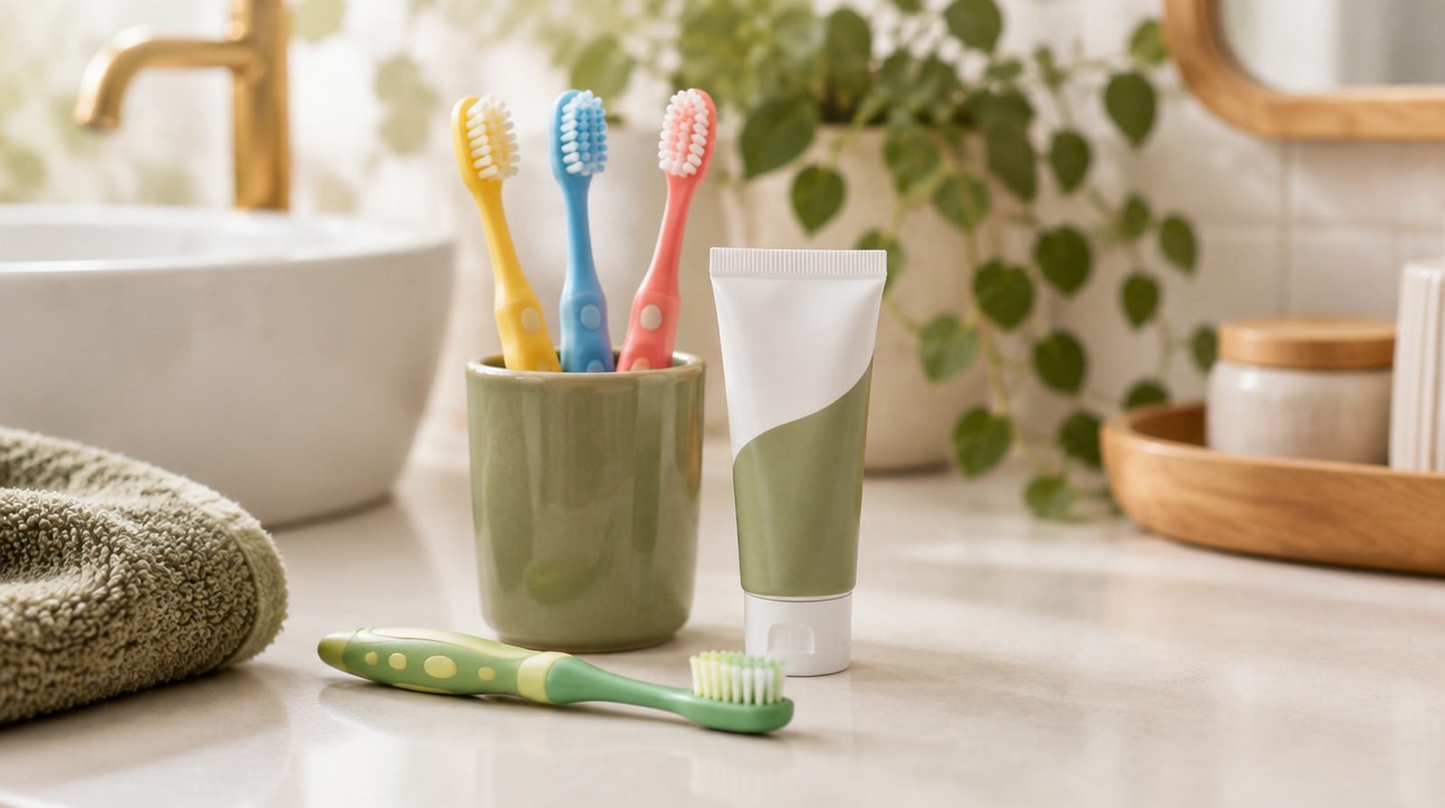 Cepillo de dientes y pasta dental infantiles de colores sobre una encimera