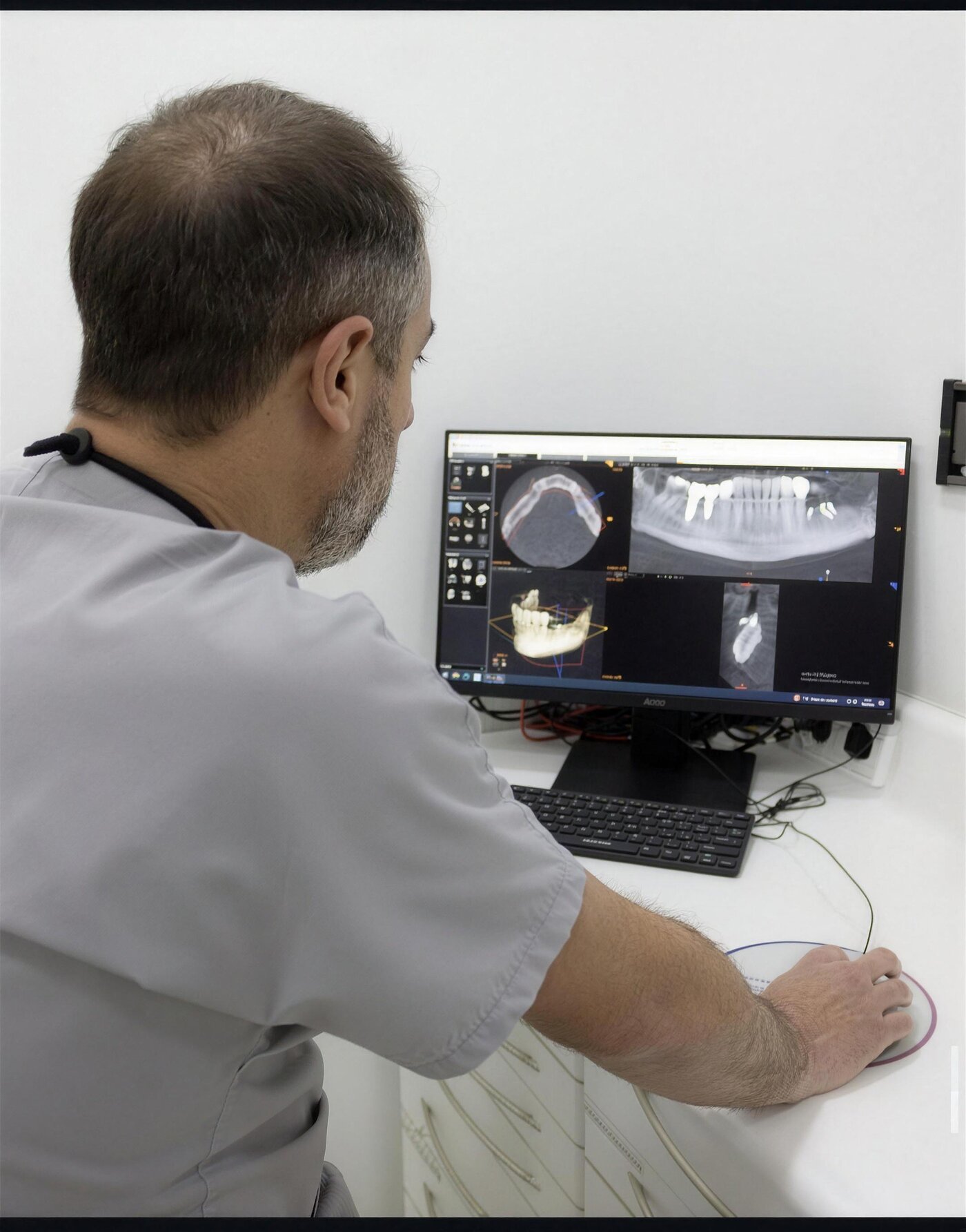 El Dr. Gallardo revisando un escáner 3D en consulta.