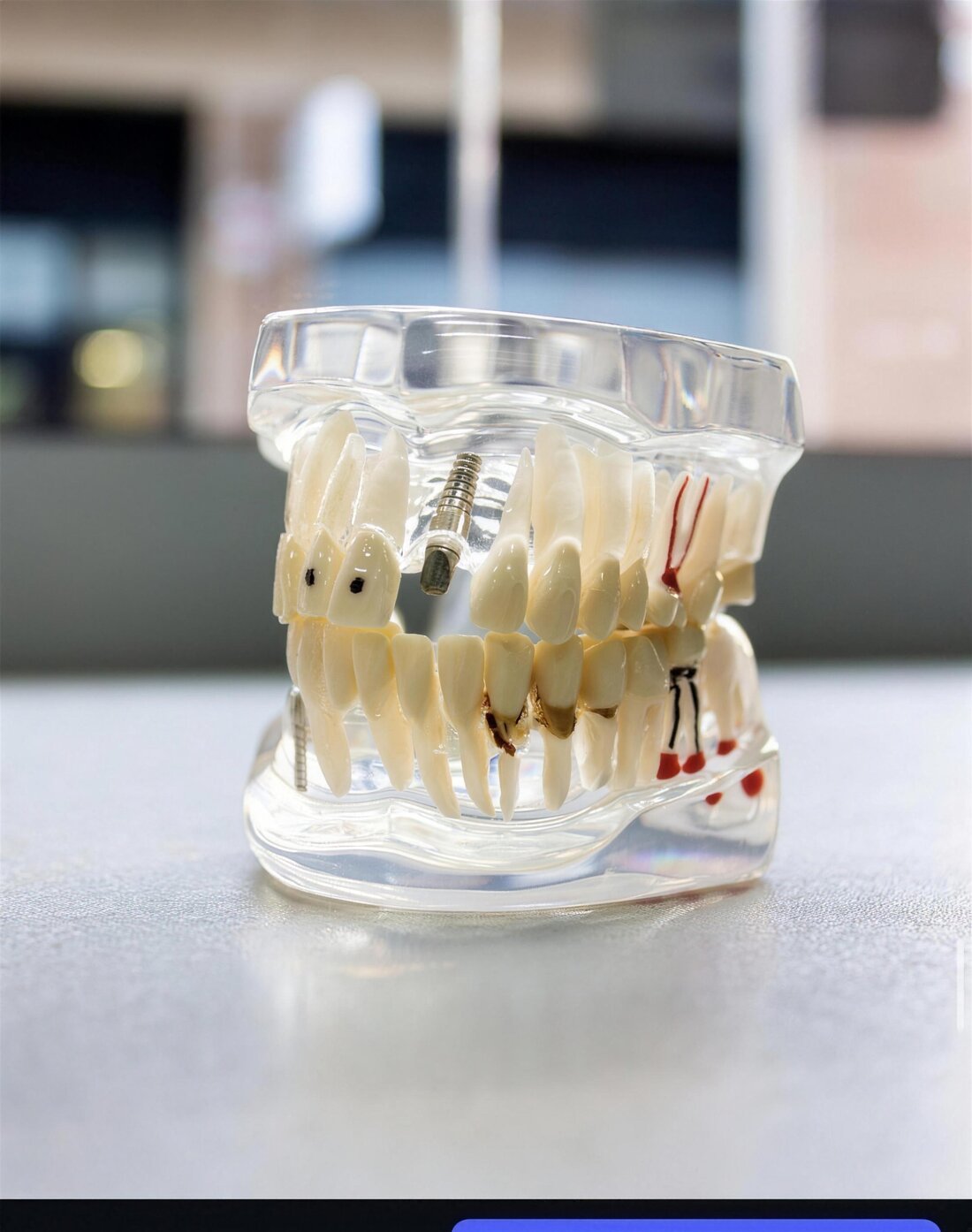 Implante dental de titanio con corona de porcelana sobre fondo blanco