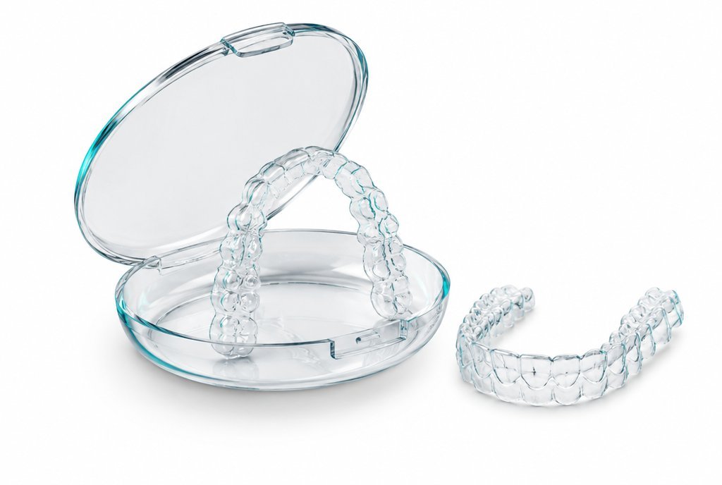 Estuche con un alineador transparente de ortodoncia invisible