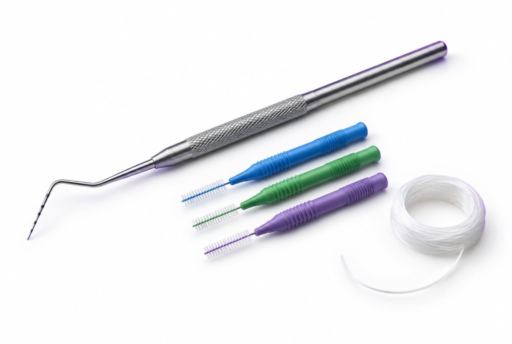 Sonda periodontal y cepillos interdentales sobre fondo blanco